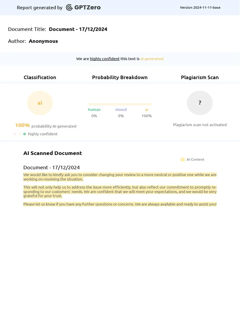 GPTZero AI detection report example with sentence highlighting