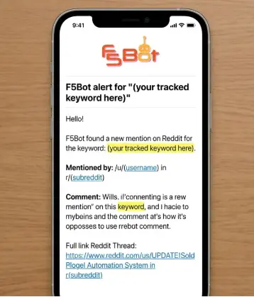 F5Bot email alert example for Reddit mention