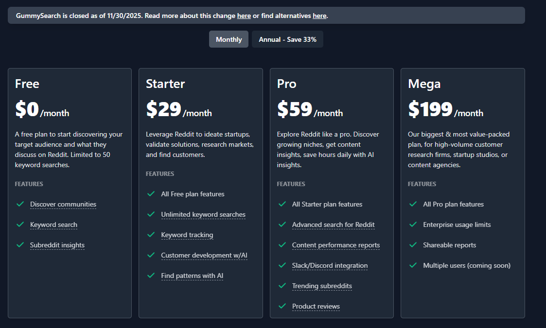 GummySearch historical pricing plans