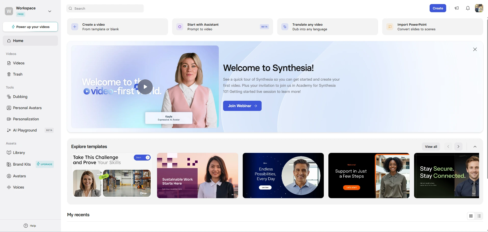 Synthesia dashboard and video creation interface